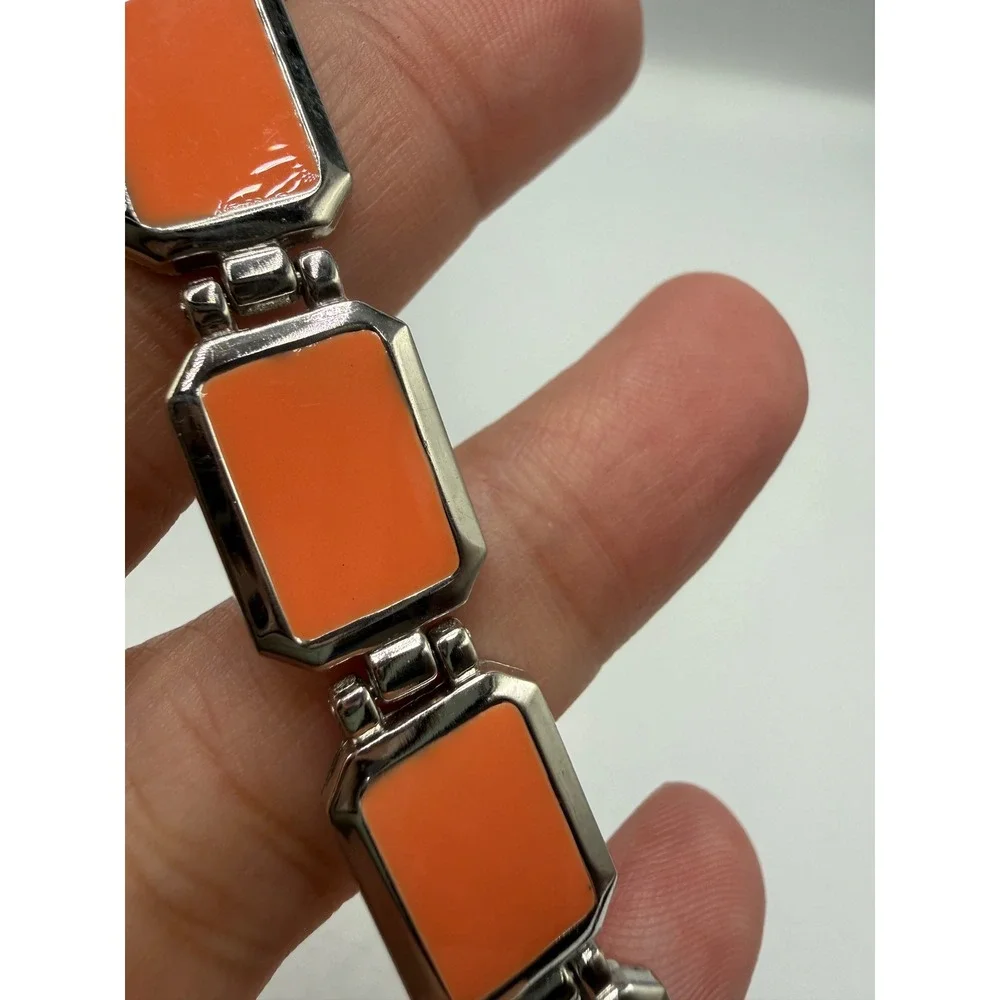 Vintage Orange Enamel Silver Tone Rectangular Link Bracelet Retro Geometric